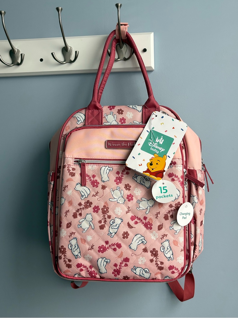 Winnie the Pooh Disney Baby Multi-Piece Diaper Bag Baby Bag Set Pink Leaves NWT